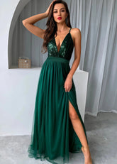 Beverly | A Line Long Green Prom Dress With V - neck Sequin Slit - Green - PromDressClub